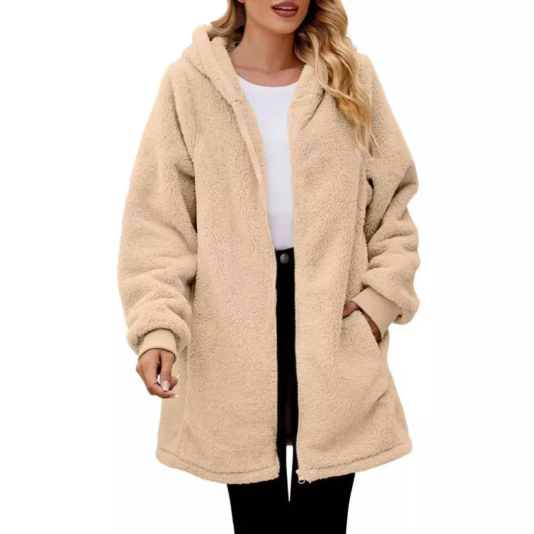2025 European American Women's Long Sleeve Hooded Cardigan Jacket New Loose Plush Design with Rabbit Fur Breathable Plain Dyed