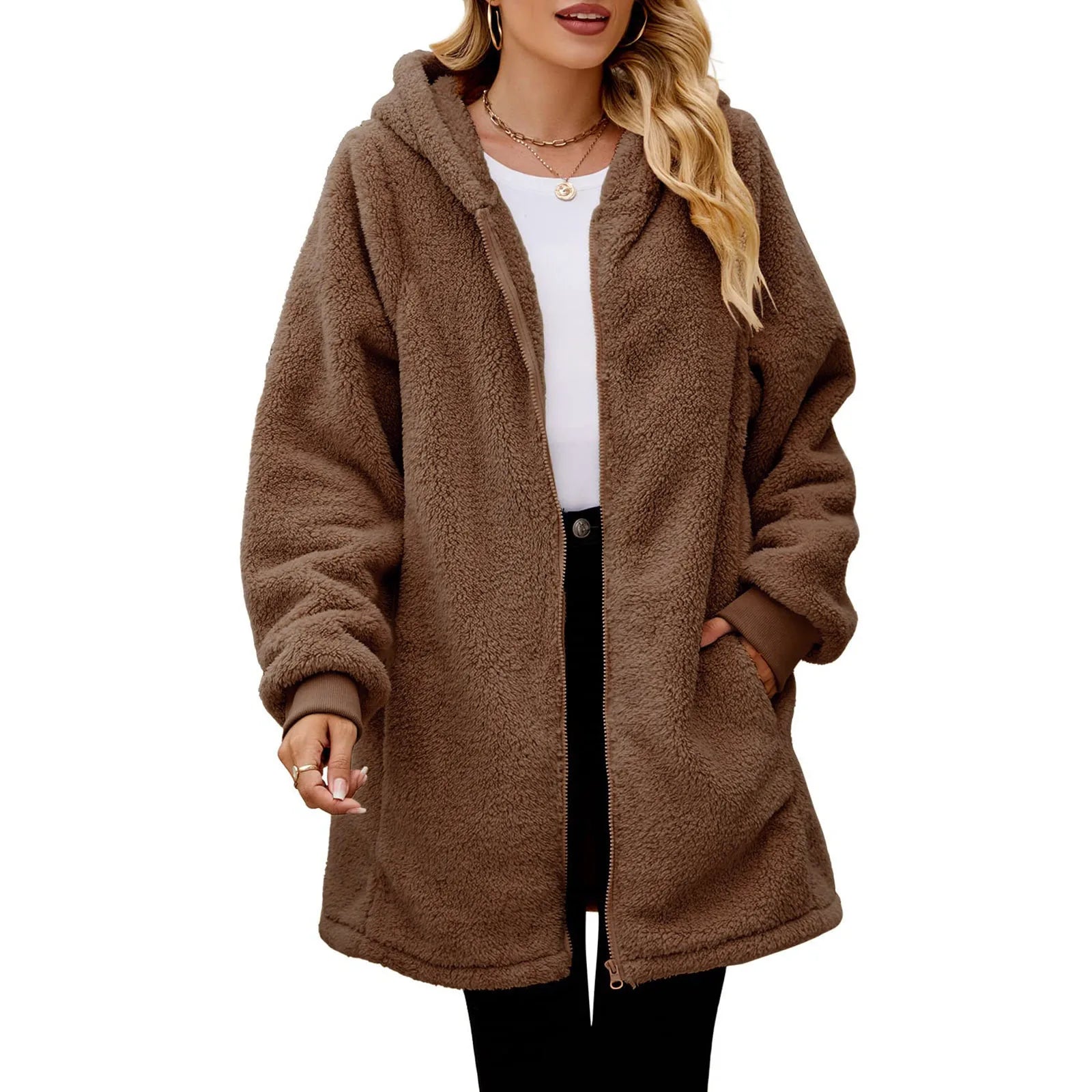 2025 European American Women's Long Sleeve Hooded Cardigan Jacket New Loose Plush Design with Rabbit Fur Breathable Plain Dyed