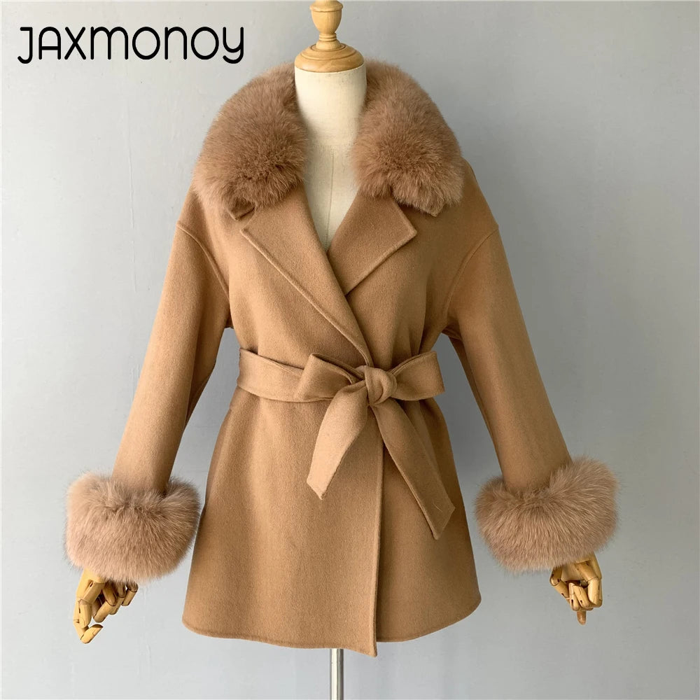 Jaxmonoy Damen-Wollmantel mit echtem Fell