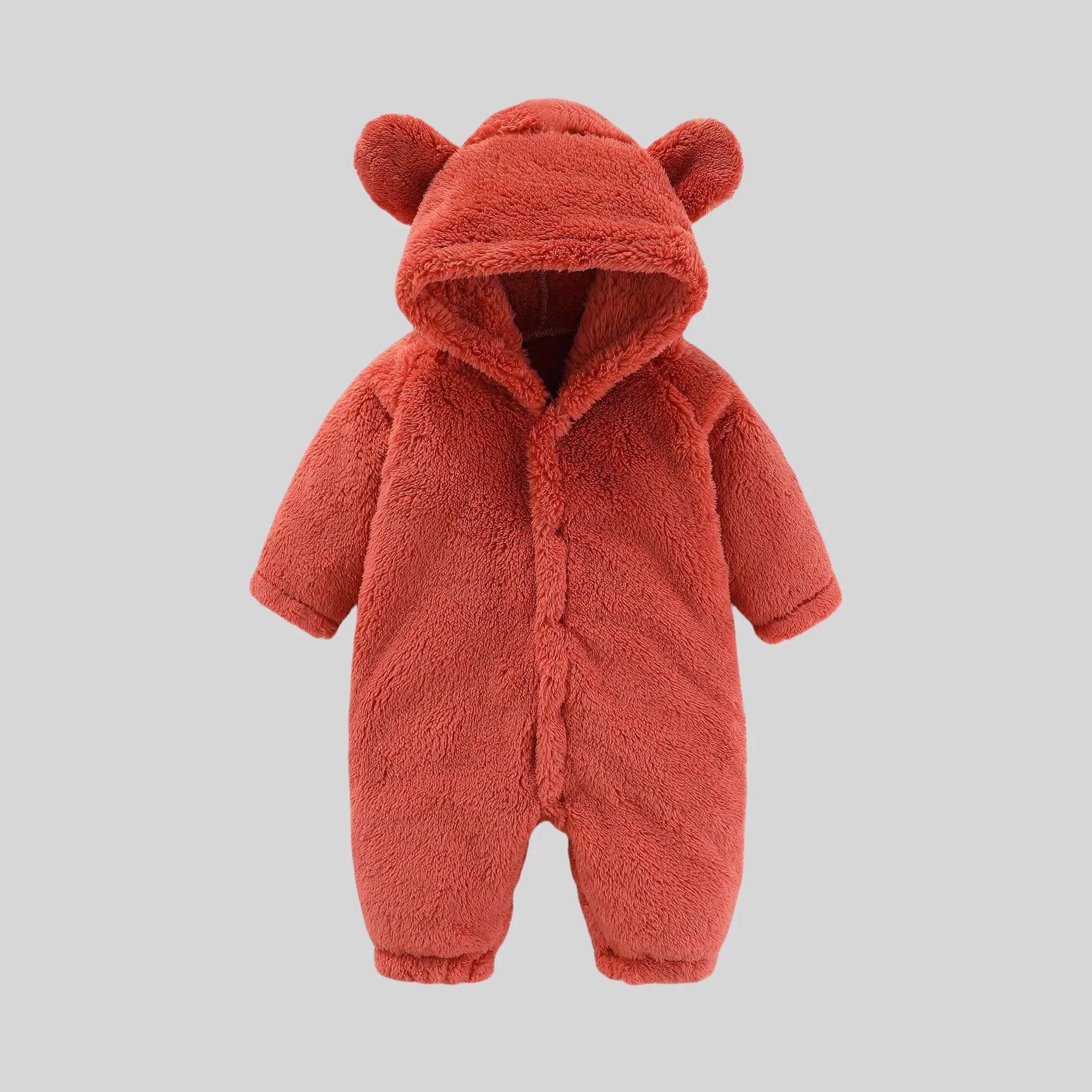 Strampler für Babys, Mädchen und Jungen, 0–12 Monate, einfarbig, mit Kapuze, Bärenohren, flauschiges Fleece, warm, Winter, langärmelig, Knöcheltaschen-Overall