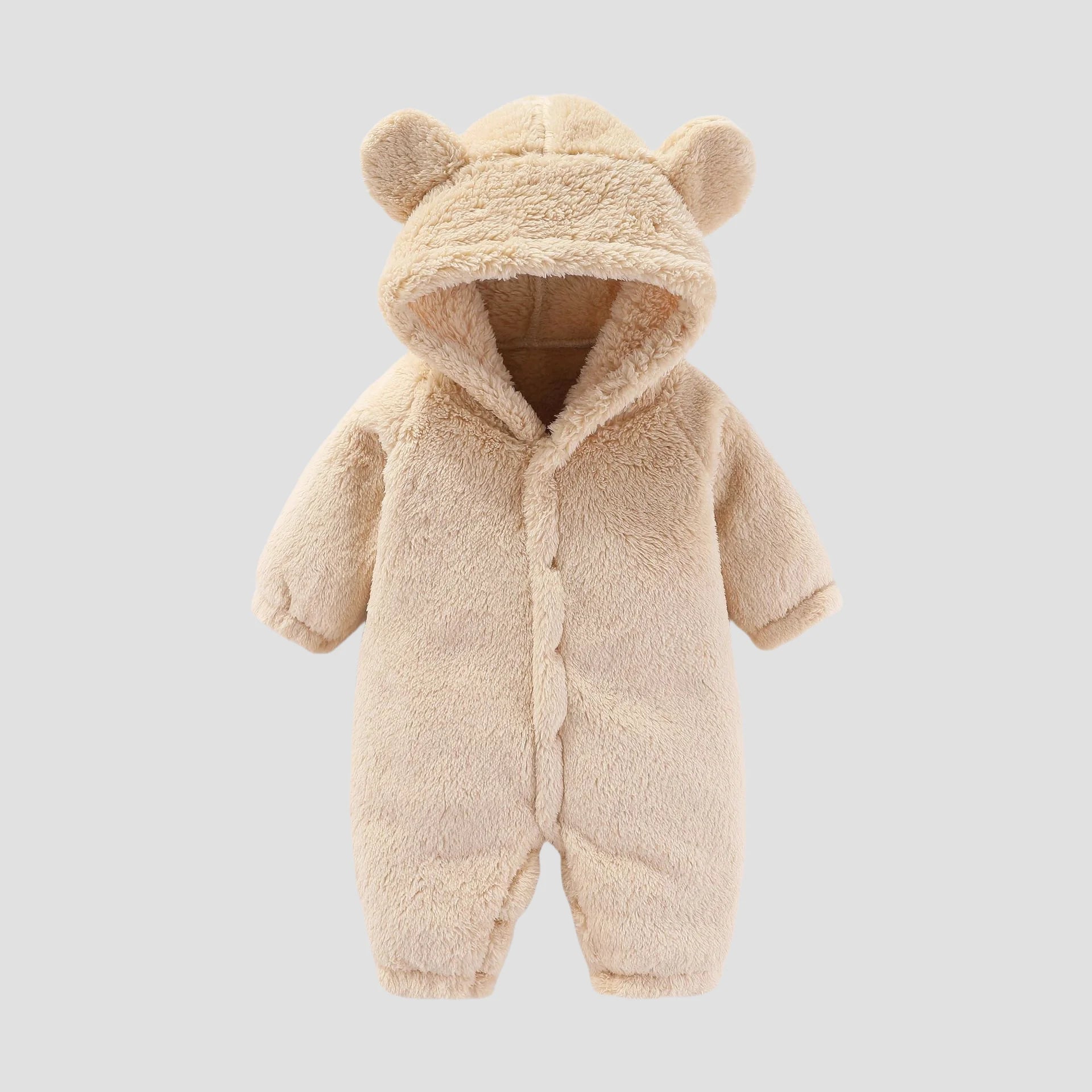 Strampler für Babys, Mädchen und Jungen, 0–12 Monate, einfarbig, mit Kapuze, Bärenohren, flauschiges Fleece, warm, Winter, langärmelig, Knöcheltaschen-Overall