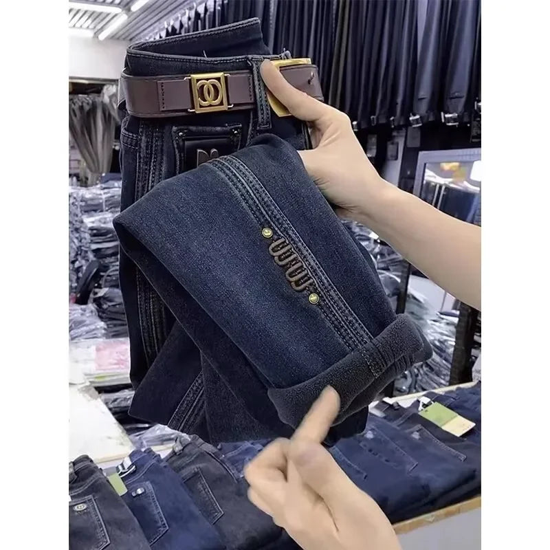 Damen Fleece-Jeans mit Geradem Bein – Warm & Bequem