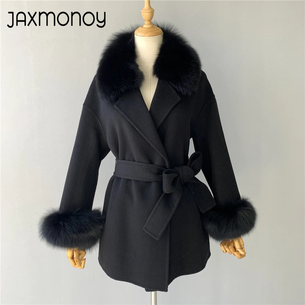 Jaxmonoy Damen-Wollmantel mit echtem Fell