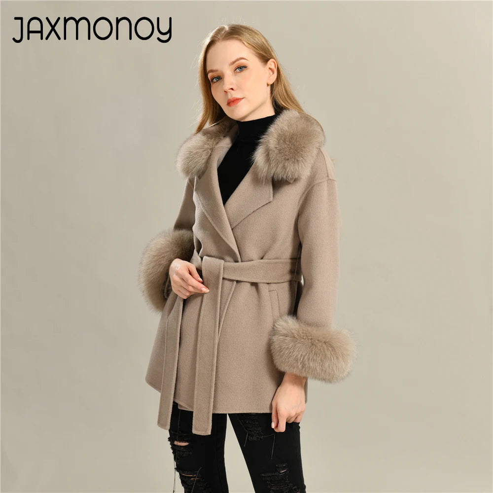 Jaxmonoy Damen-Wollmantel mit echtem Fell