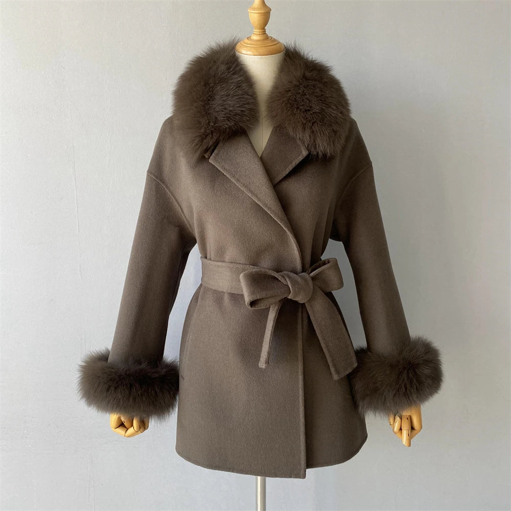 Jaxmonoy Damen-Wollmantel mit echtem Fell