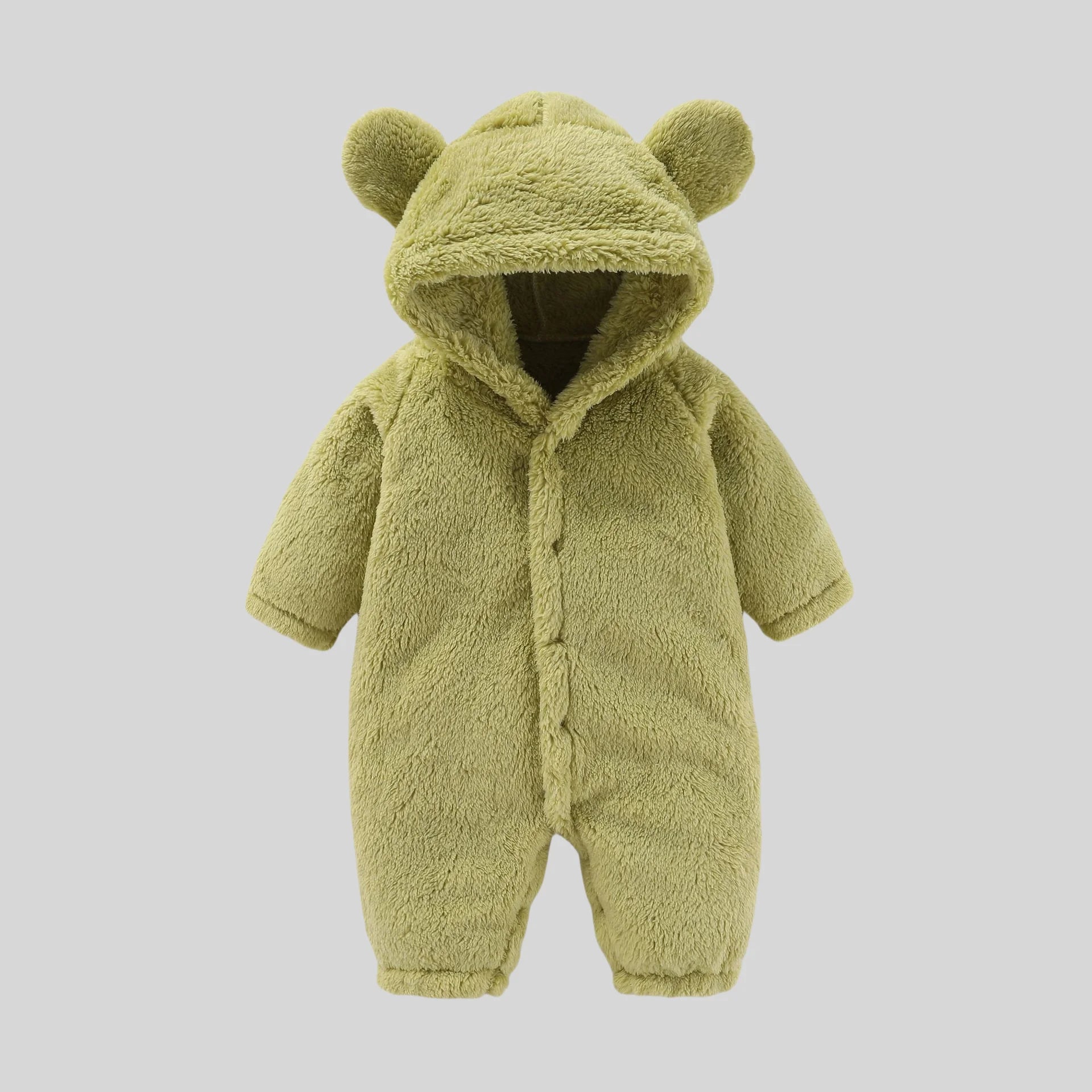 Strampler für Babys, Mädchen und Jungen, 0–12 Monate, einfarbig, mit Kapuze, Bärenohren, flauschiges Fleece, warm, Winter, langärmelig, Knöcheltaschen-Overall