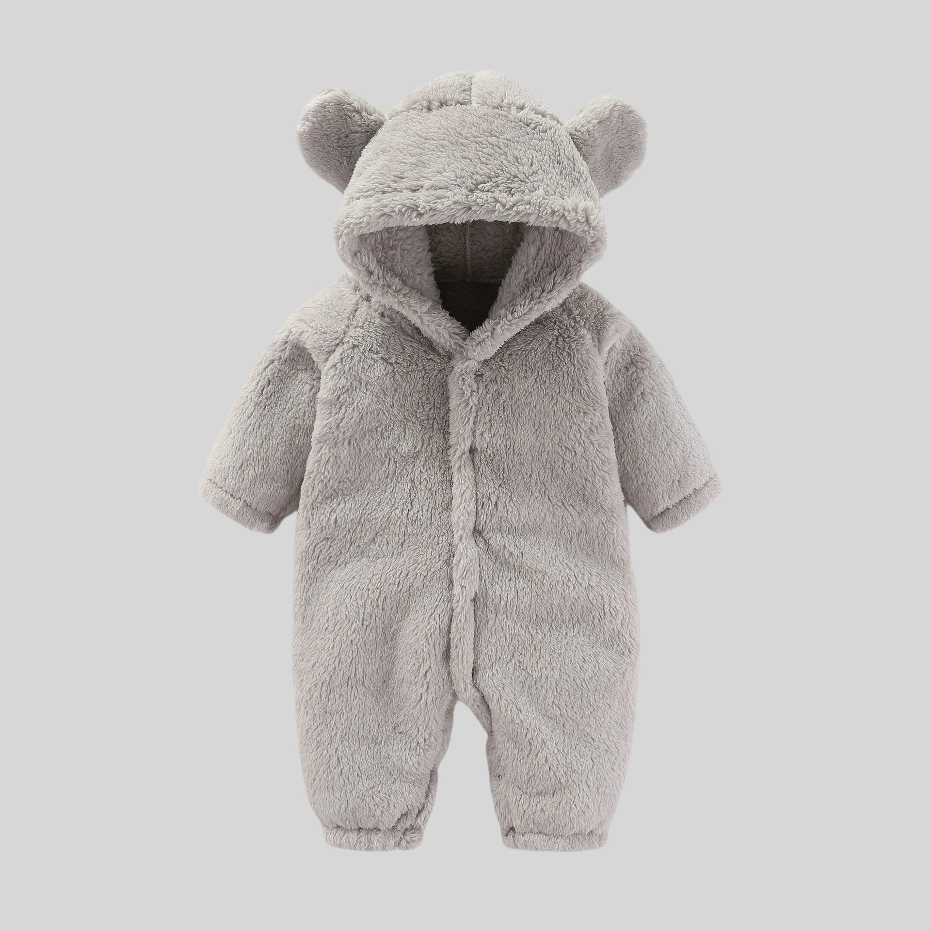 Strampler für Babys, Mädchen und Jungen, 0–12 Monate, einfarbig, mit Kapuze, Bärenohren, flauschiges Fleece, warm, Winter, langärmelig, Knöcheltaschen-Overall