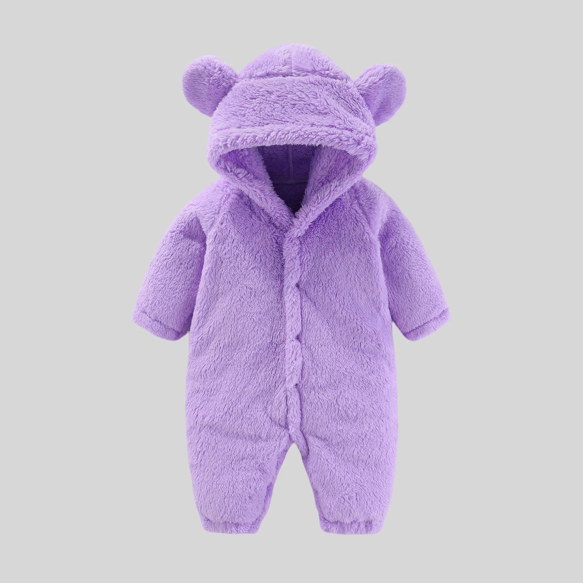 Strampler für Babys, Mädchen und Jungen, 0–12 Monate, einfarbig, mit Kapuze, Bärenohren, flauschiges Fleece, warm, Winter, langärmelig, Knöcheltaschen-Overall