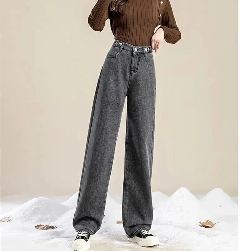 Verdickte Fleece Warme Lose frauen Jeans Hohe Taille Gerade Bein Lange