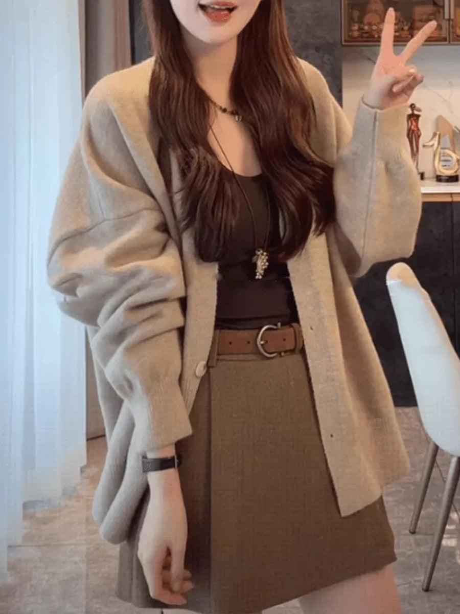 Lazy Style V-Neck Solid Color Knit Cardigan Women Loose Casual Soft and Versatile Sweater Jacket