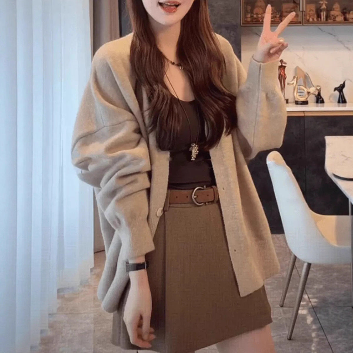 Lazy Style V-Neck Solid Color Knit Cardigan Women Loose Casual Soft and Versatile Sweater Jacket