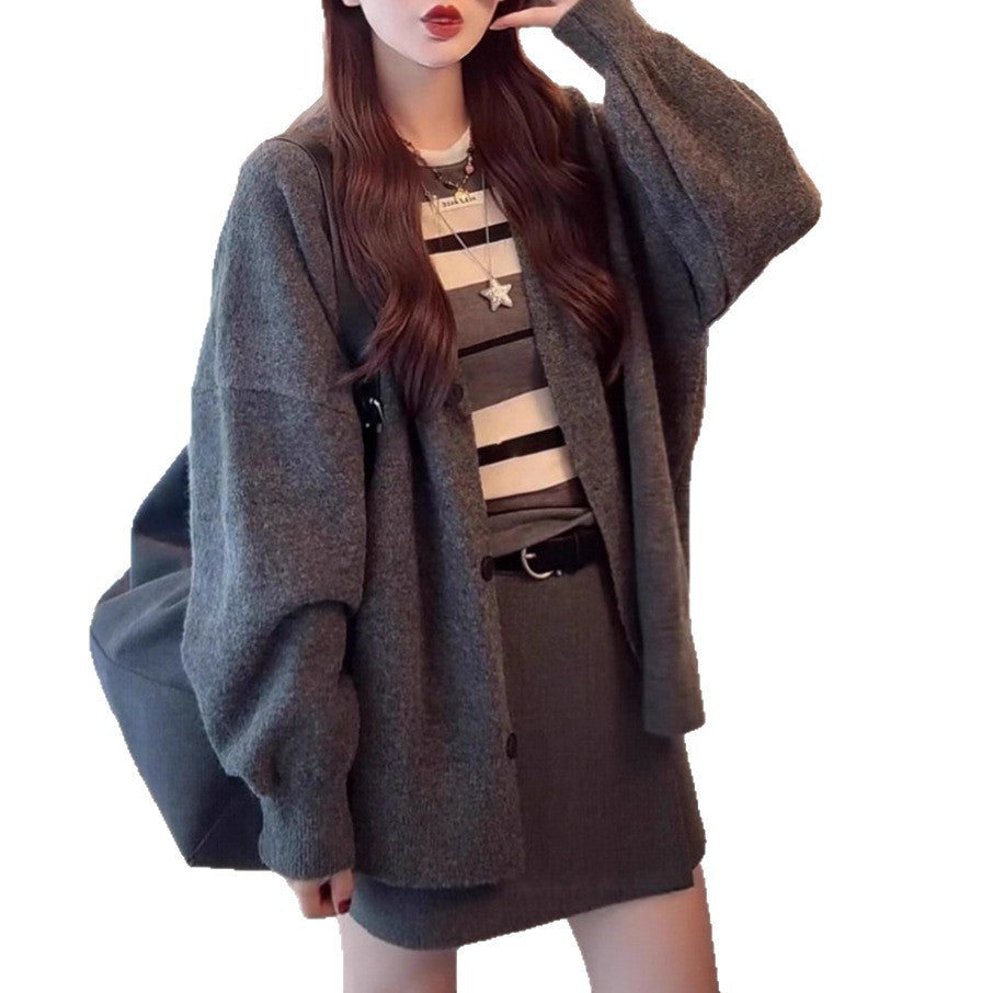 Lazy Style V-Neck Solid Color Knit Cardigan Women Loose Casual Soft and Versatile Sweater Jacket