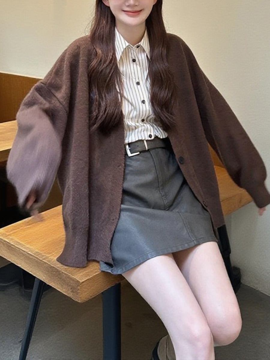 Lazy Style V-Neck Solid Color Knit Cardigan Women Loose Casual Soft and Versatile Sweater Jacket