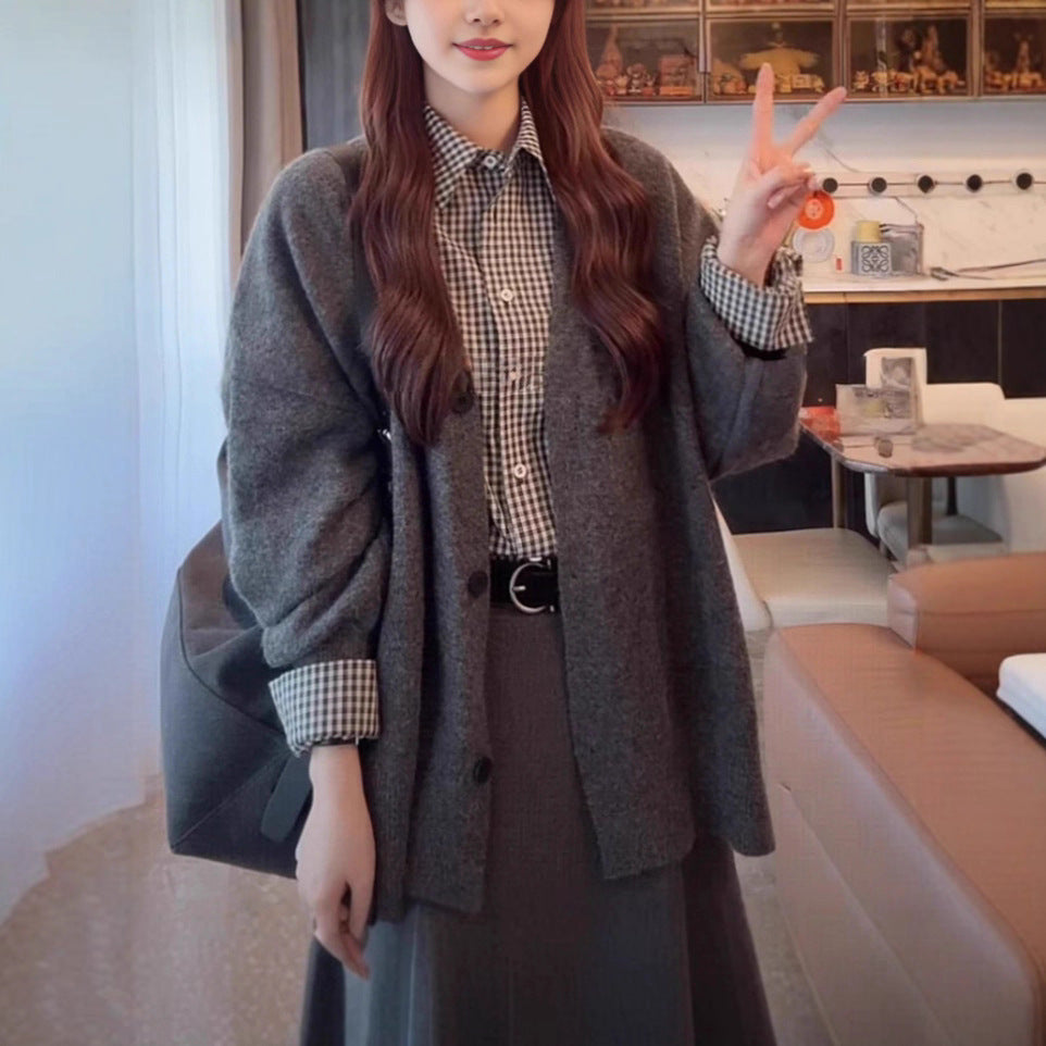 Lazy Style V-Neck Solid Color Knit Cardigan Women Loose Casual Soft and Versatile Sweater Jacket