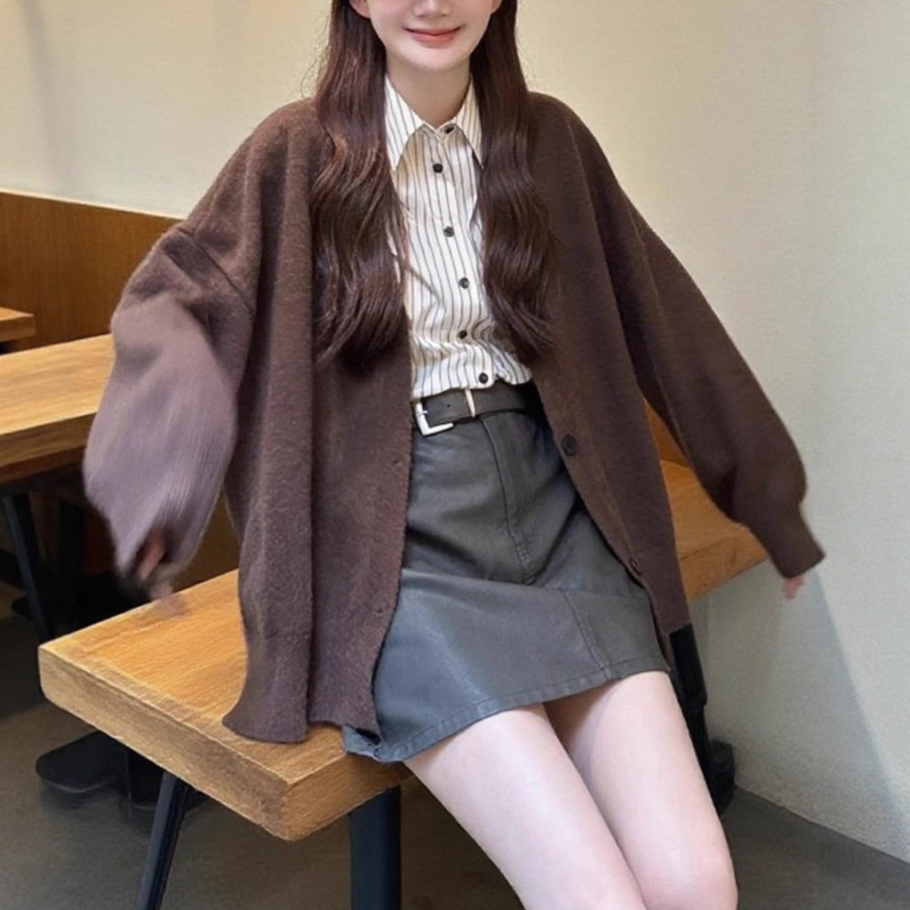 Lazy Style V-Neck Solid Color Knit Cardigan Women Loose Casual Soft and Versatile Sweater Jacket