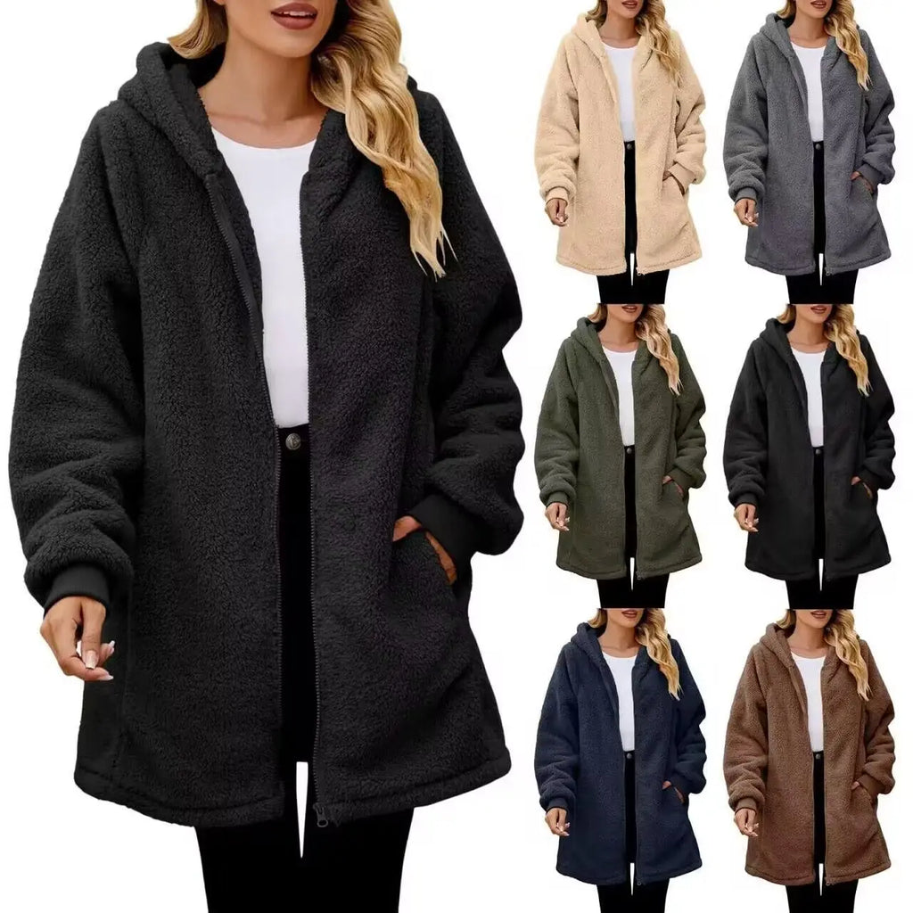 2025 European American Women's Long Sleeve Hooded Cardigan Jacket New Loose Plush Design with Rabbit Fur Breathable Plain Dyed