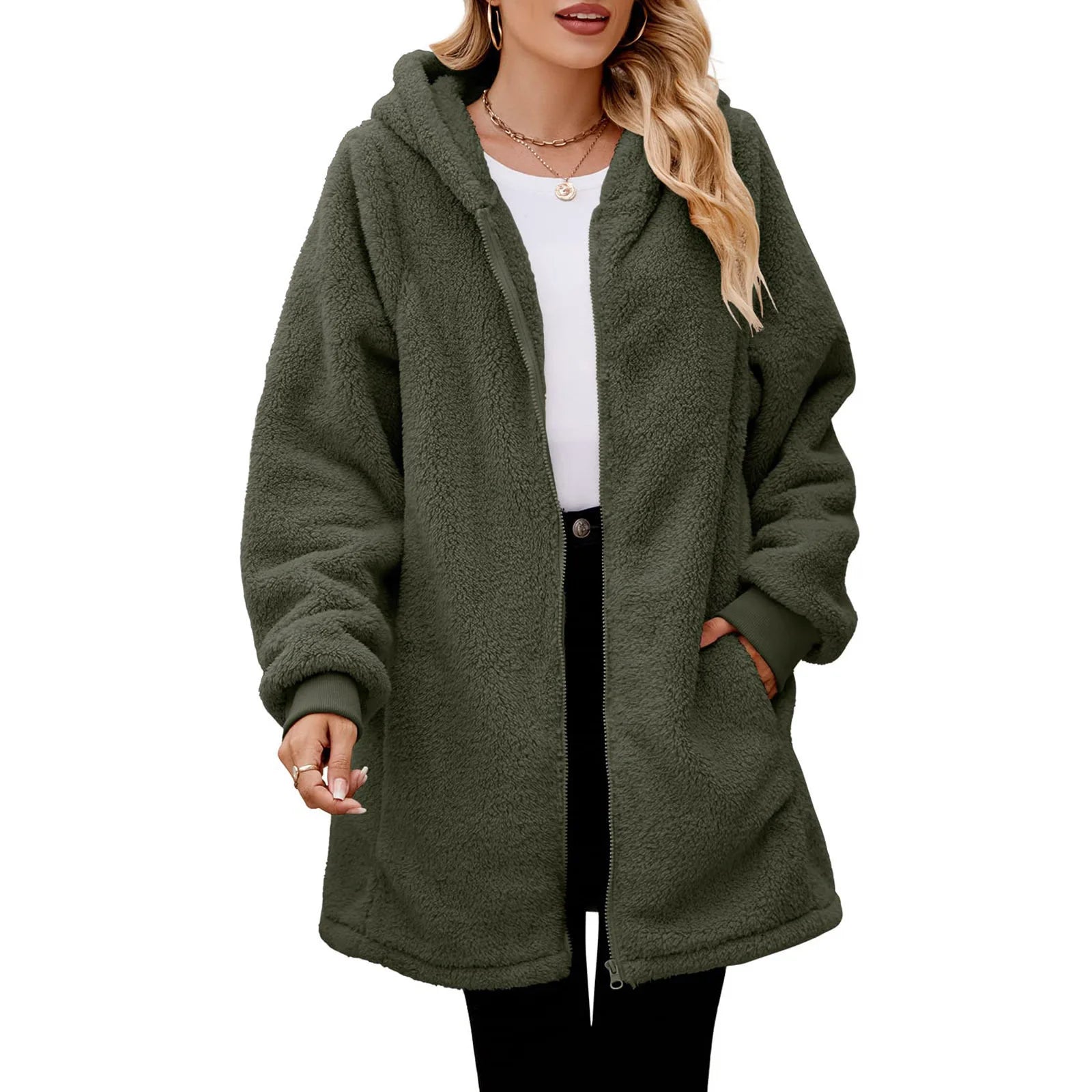 2025 European American Women's Long Sleeve Hooded Cardigan Jacket New Loose Plush Design with Rabbit Fur Breathable Plain Dyed