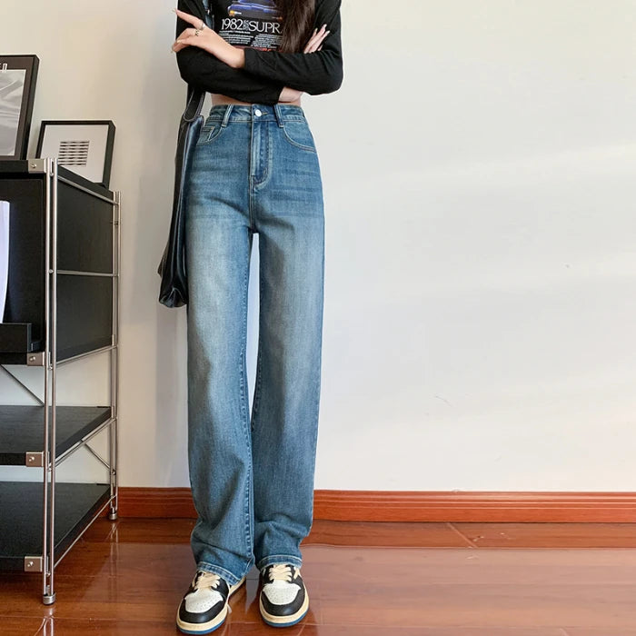 Stretch Jeans Damen Taille Birnenform Baggy Straight Leg Jeans Damen Herbst Neue