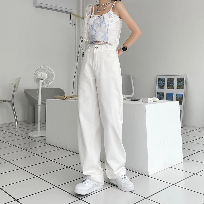 Herbst Kaqi Weiße Jeans Frauen Breite Bein Hosen Mom Femme