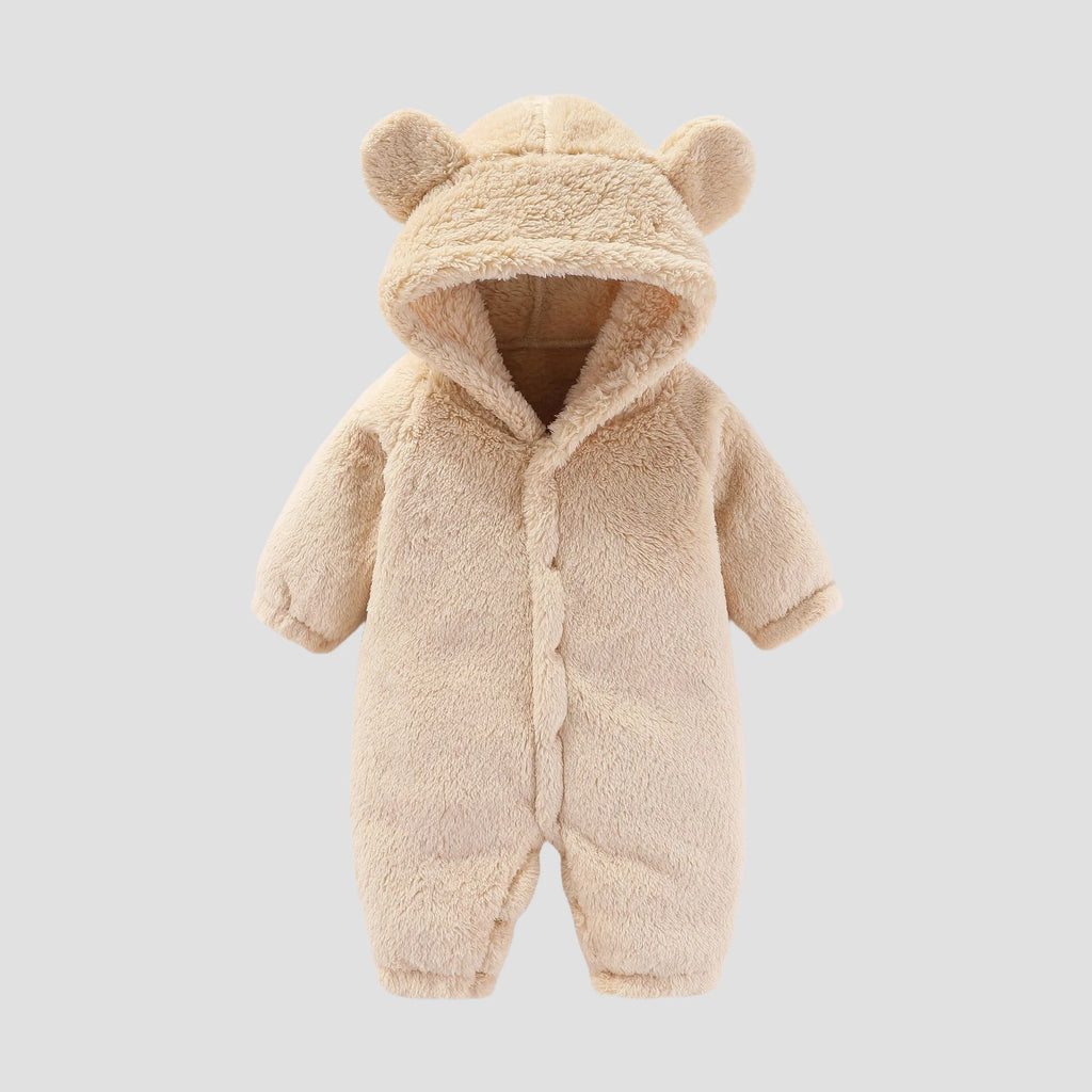 Strampler für Babys, Mädchen und Jungen, 0–12 Monate, einfarbig, mit Kapuze, Bärenohren, flauschiges Fleece, warm, Winter, langärmelig, Knöcheltaschen-Overall