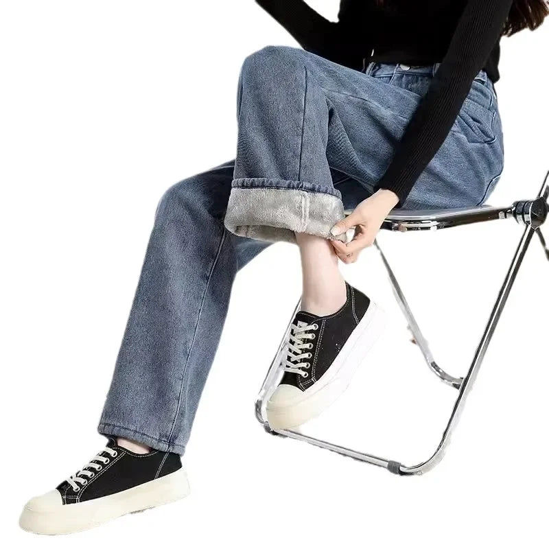 Verdickte Fleece Warme Lose frauen Jeans Hohe Taille Gerade Bein Lange