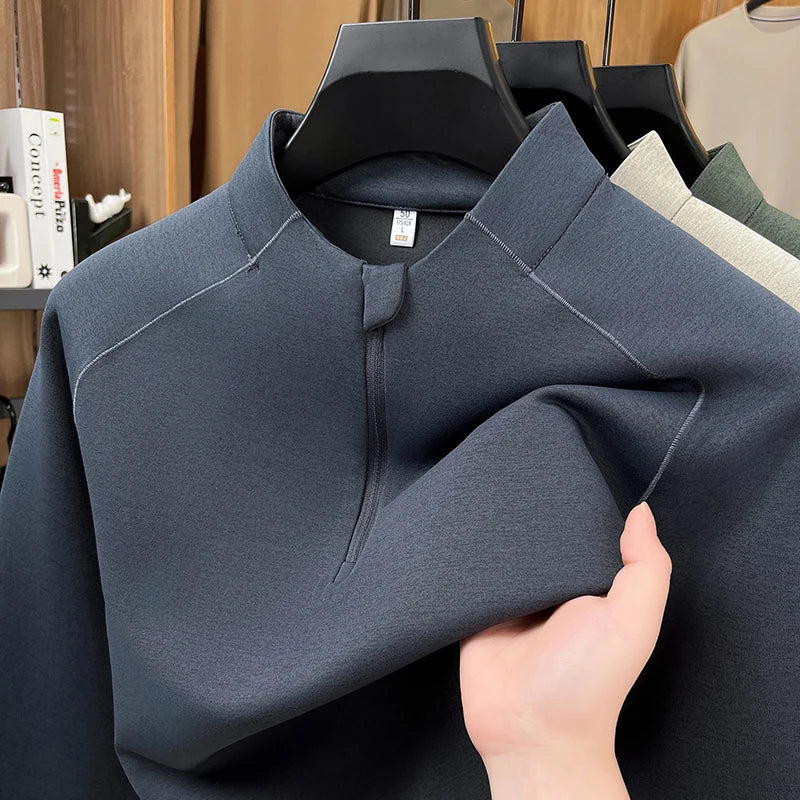 Luxus-Langarmhemd für Herren, Stehkragen, halber Reißverschluss, einfarbig, Herbst-Winter,