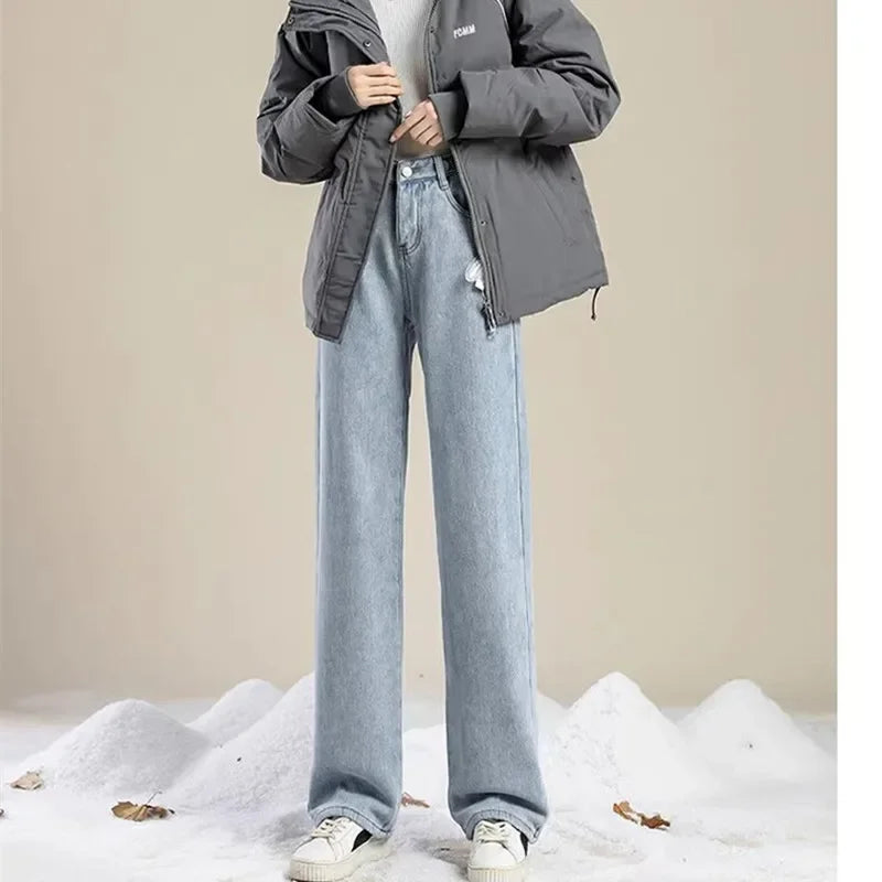 Verdickte Fleece Warme Lose frauen Jeans Hohe Taille Gerade Bein Lange