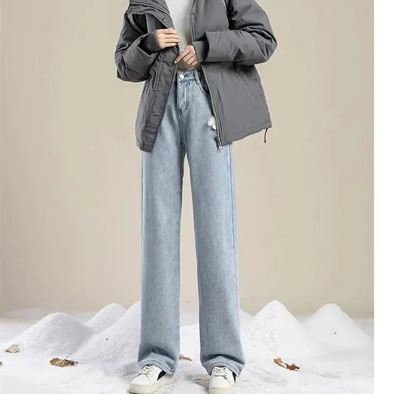 Verdickte Fleece Warme Lose frauen Jeans Hohe Taille Gerade Bein Lange