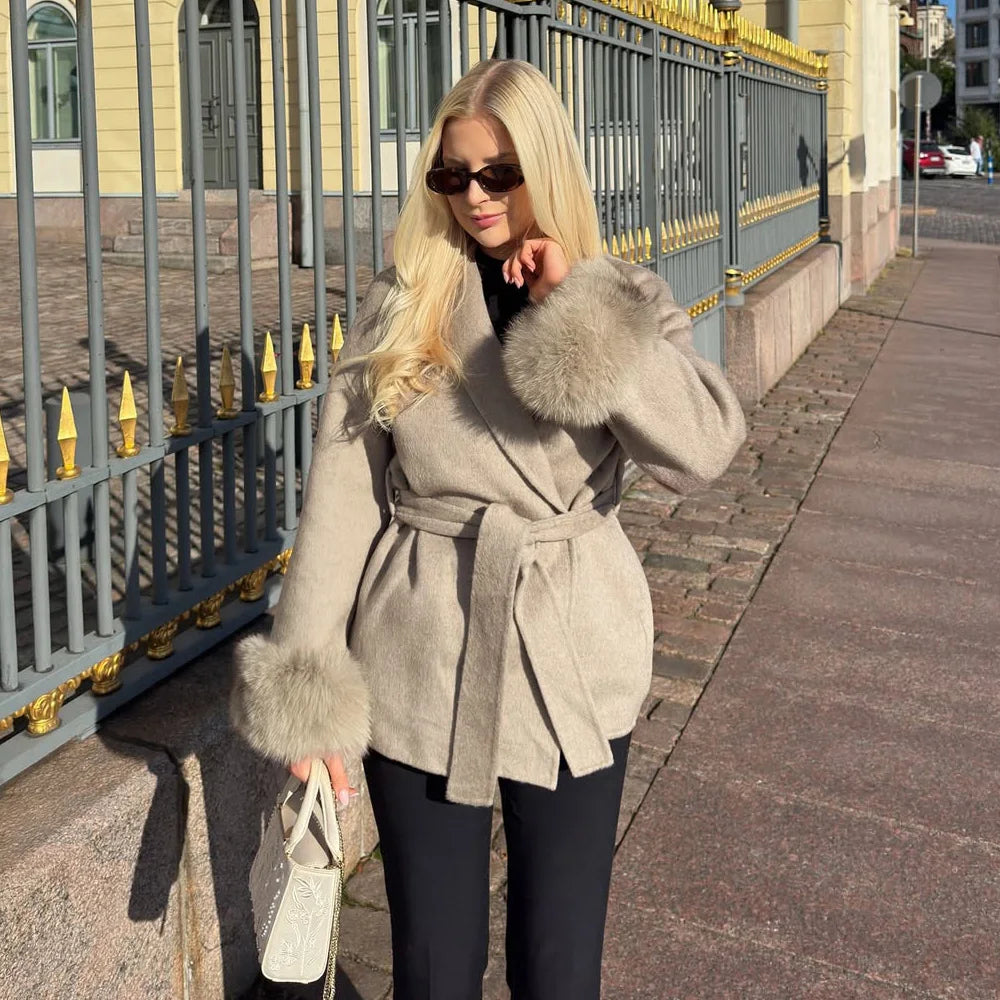 TARUXY Fuchspelz-Wollmäntel für Damen, kurzer Mantel, Bürodame
