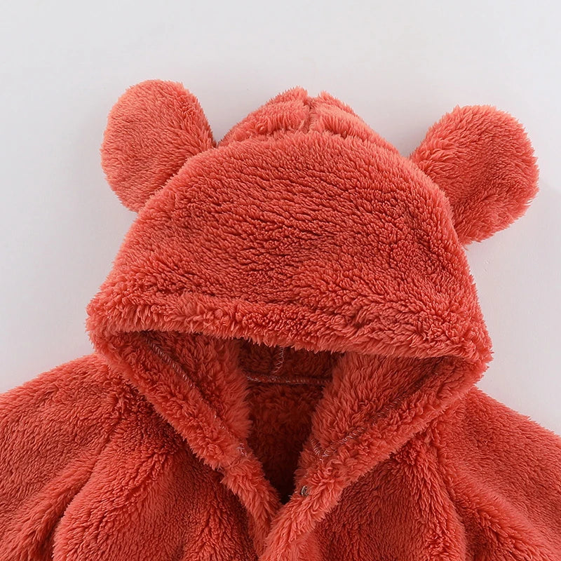 Strampler für Babys, Mädchen und Jungen, 0–12 Monate, einfarbig, mit Kapuze, Bärenohren, flauschiges Fleece, warm, Winter, langärmelig, Knöcheltaschen-Overall