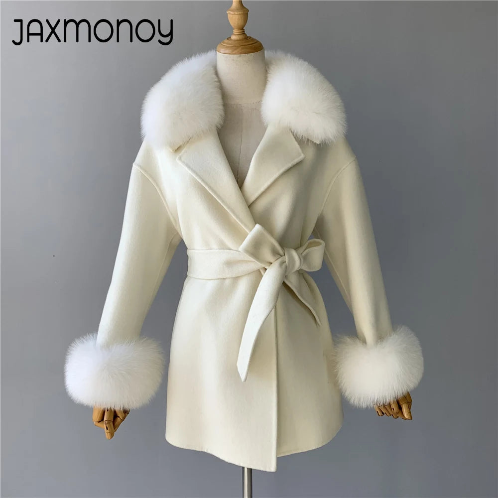 Jaxmonoy Damen-Wollmantel mit echtem Fell