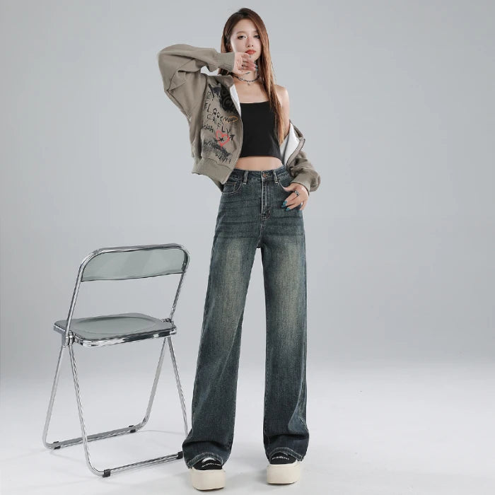 Stretch Jeans Damen Taille Birnenform Baggy Straight Leg Jeans Damen Herbst Neue