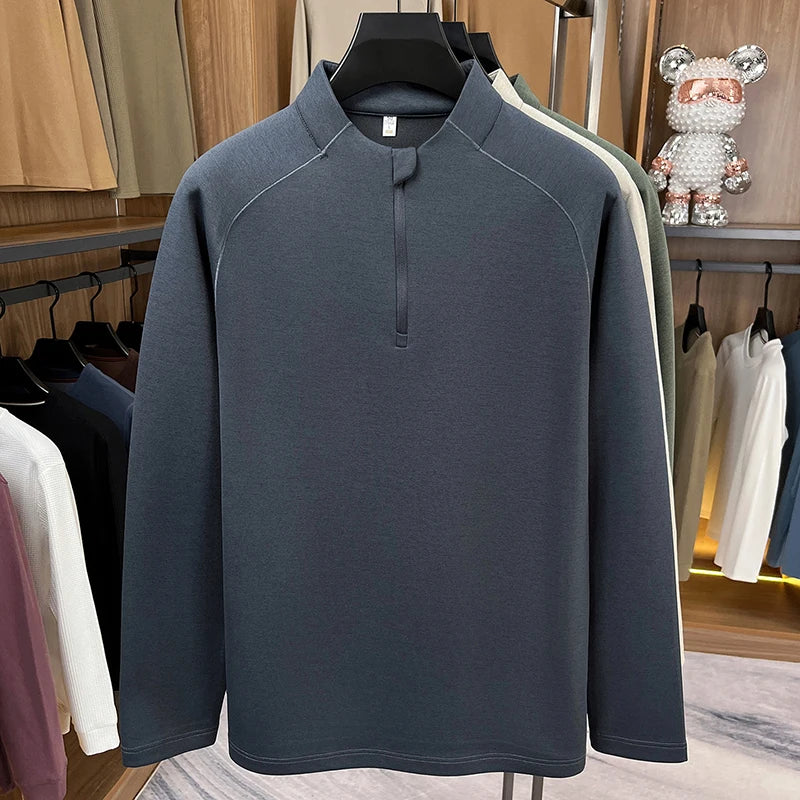 Luxus-Langarmhemd für Herren, Stehkragen, halber Reißverschluss, einfarbig, Herbst-Winter,