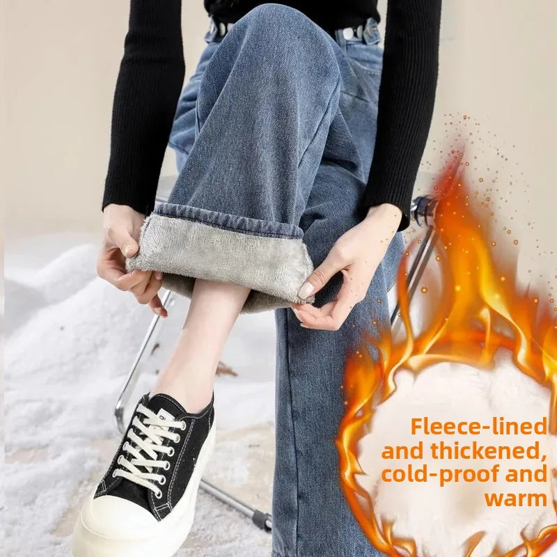 Verdickte Fleece Warme Lose frauen Jeans Hohe Taille Gerade Bein Lange