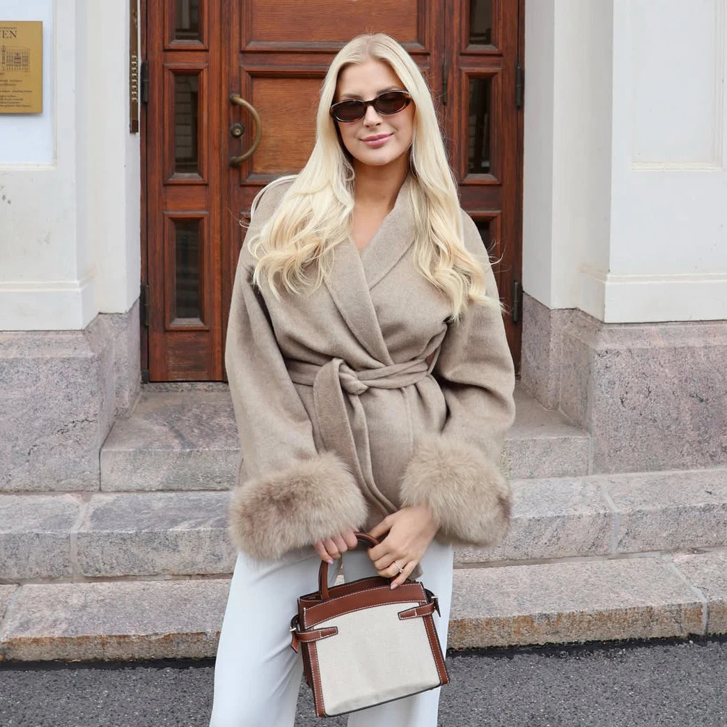 TARUXY Fuchspelz-Wollmäntel für Damen, kurzer Mantel, Bürodame