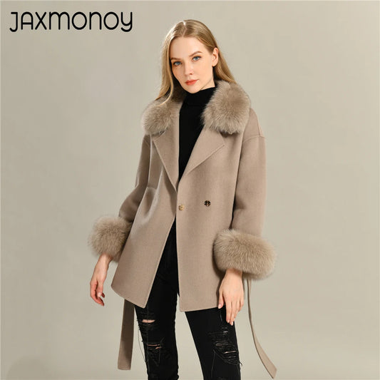 Jaxmonoy Damen-Wollmantel mit echtem Fell