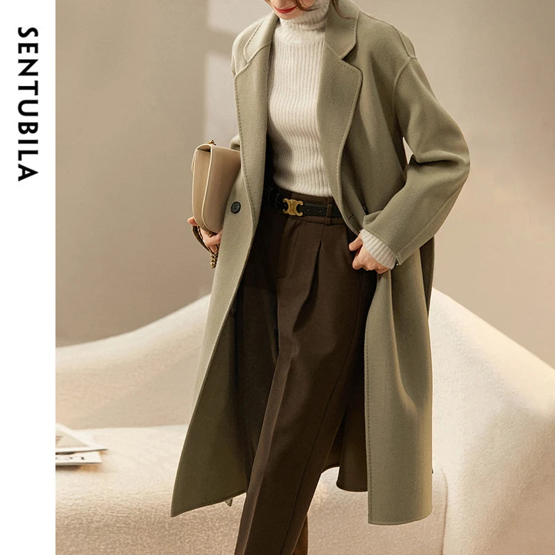 SENTUBILA Langer Mantel aus 100 % Wolle für Damen, 2025, Winter,