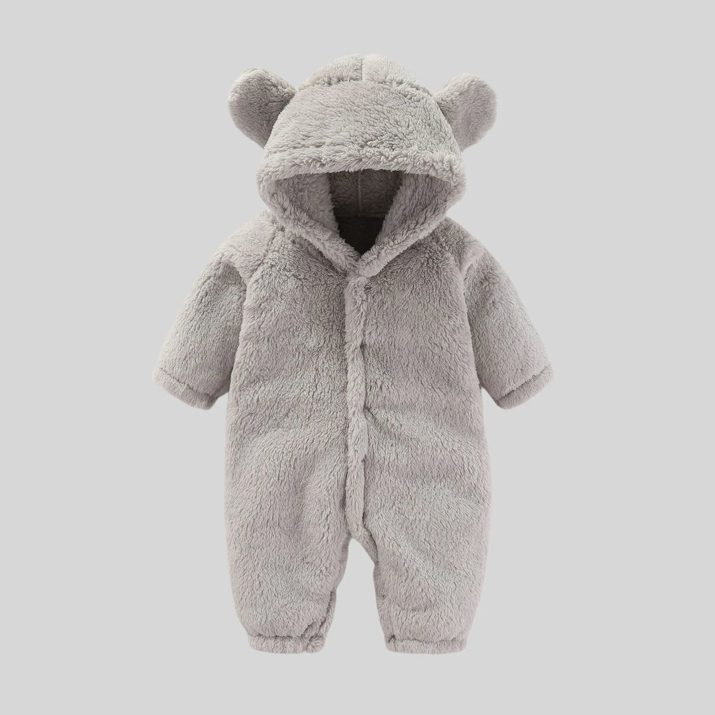 Strampler für Babys, Mädchen und Jungen, 0–12 Monate, einfarbig, mit Kapuze, Bärenohren, flauschiges Fleece, warm, Winter, langärmelig, Knöcheltaschen-Overall