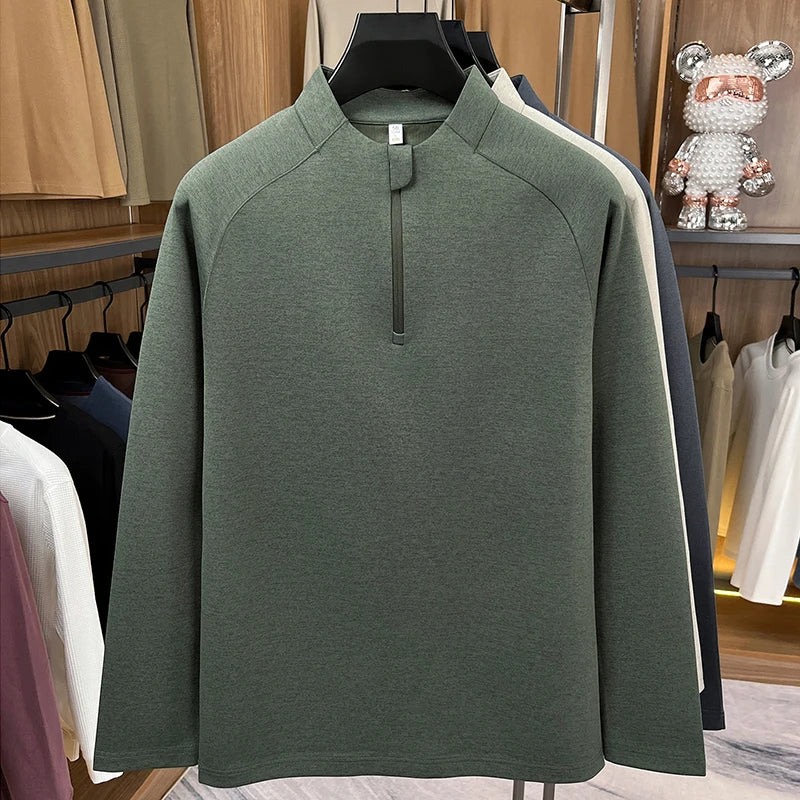 Luxus-Langarmhemd für Herren, Stehkragen, halber Reißverschluss, einfarbig, Herbst-Winter,