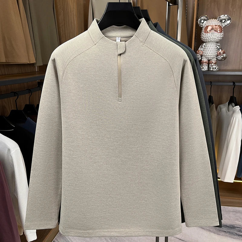 Luxus-Langarmhemd für Herren, Stehkragen, halber Reißverschluss, einfarbig, Herbst-Winter,