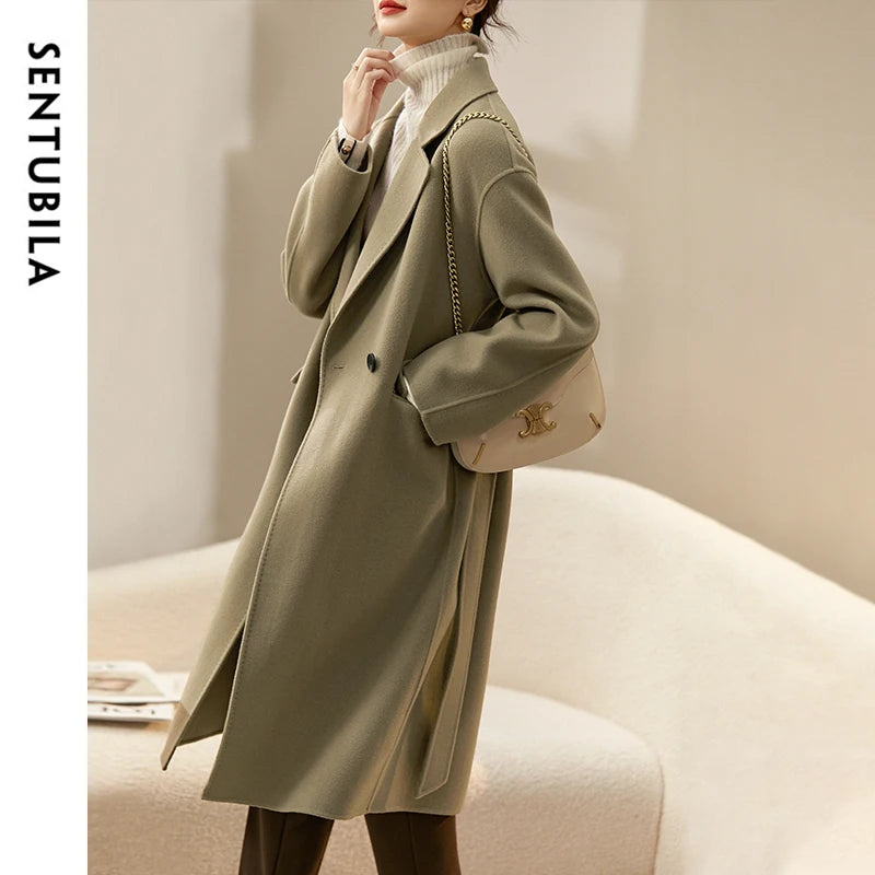 SENTUBILA Langer Mantel aus 100 % Wolle für Damen, 2025, Winter,