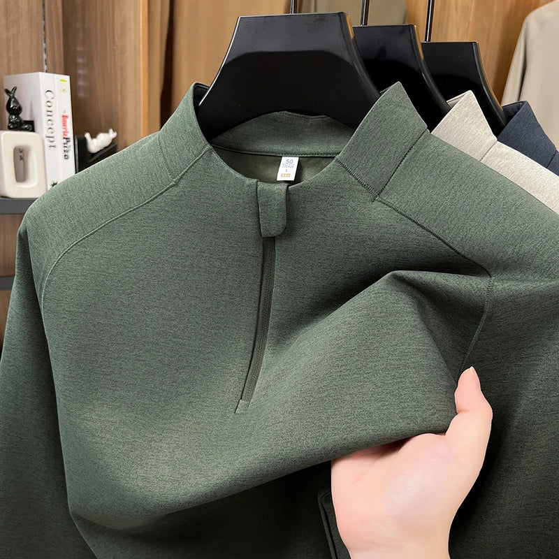 Luxus-Langarmhemd für Herren, Stehkragen, halber Reißverschluss, einfarbig, Herbst-Winter,