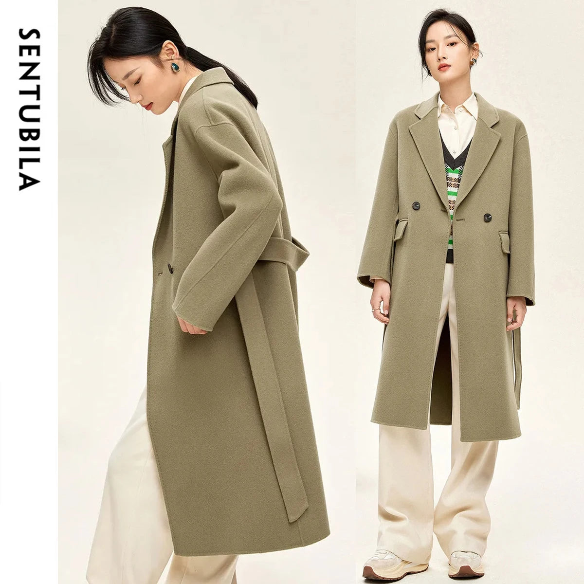 SENTUBILA Langer Mantel aus 100 % Wolle für Damen, 2025, Winter,