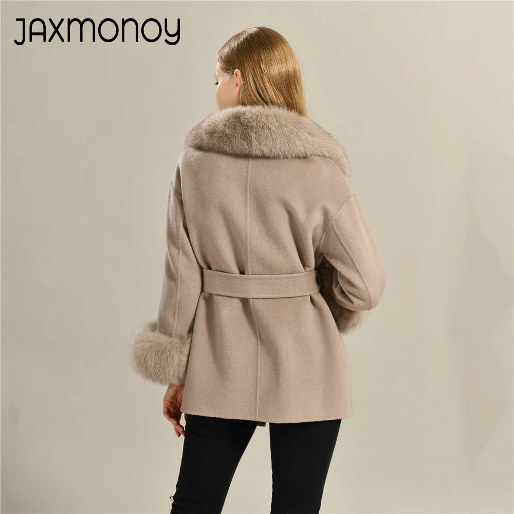 Jaxmonoy Damen-Wollmantel mit echtem Fell